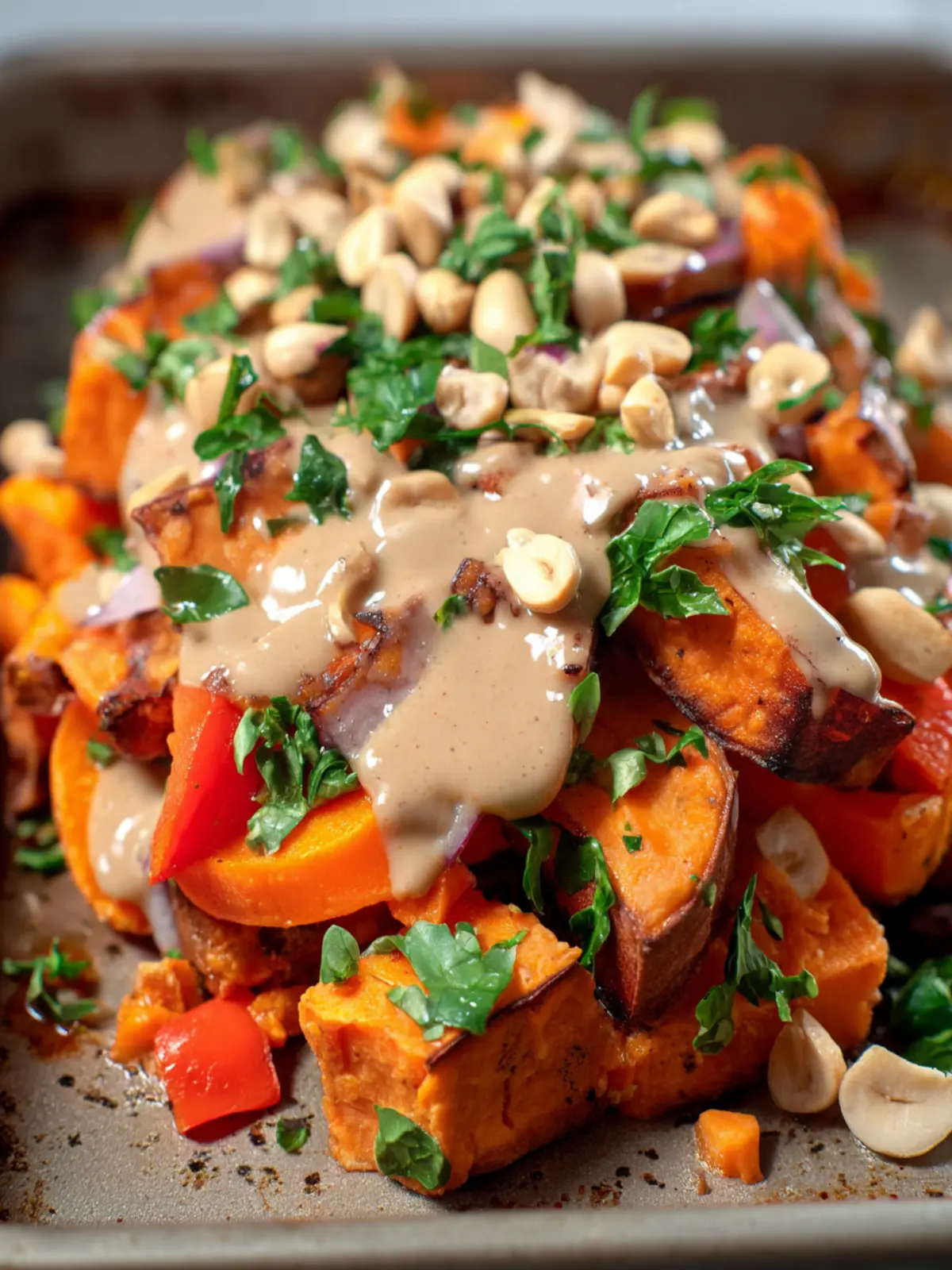 Sweet Potato Salad with Roasted Veggies and Creamy Peanut Dressing First Image